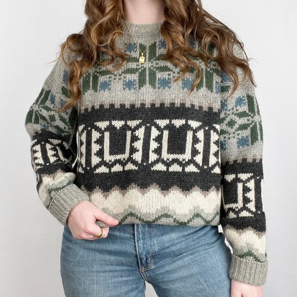 Vintage Nordic Fair Isle Ski Sweater Knit 100% Wool Slouchy Oversized Grandpa - Picture 7 of 7